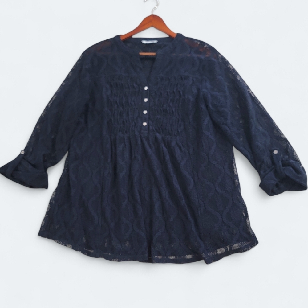 C Est 1946 Black Lace Top 14 / 16 W Tab Sleeve